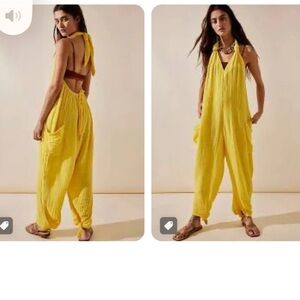 Free People Yellow Flowy Jumpsuit with ankle and neck tie